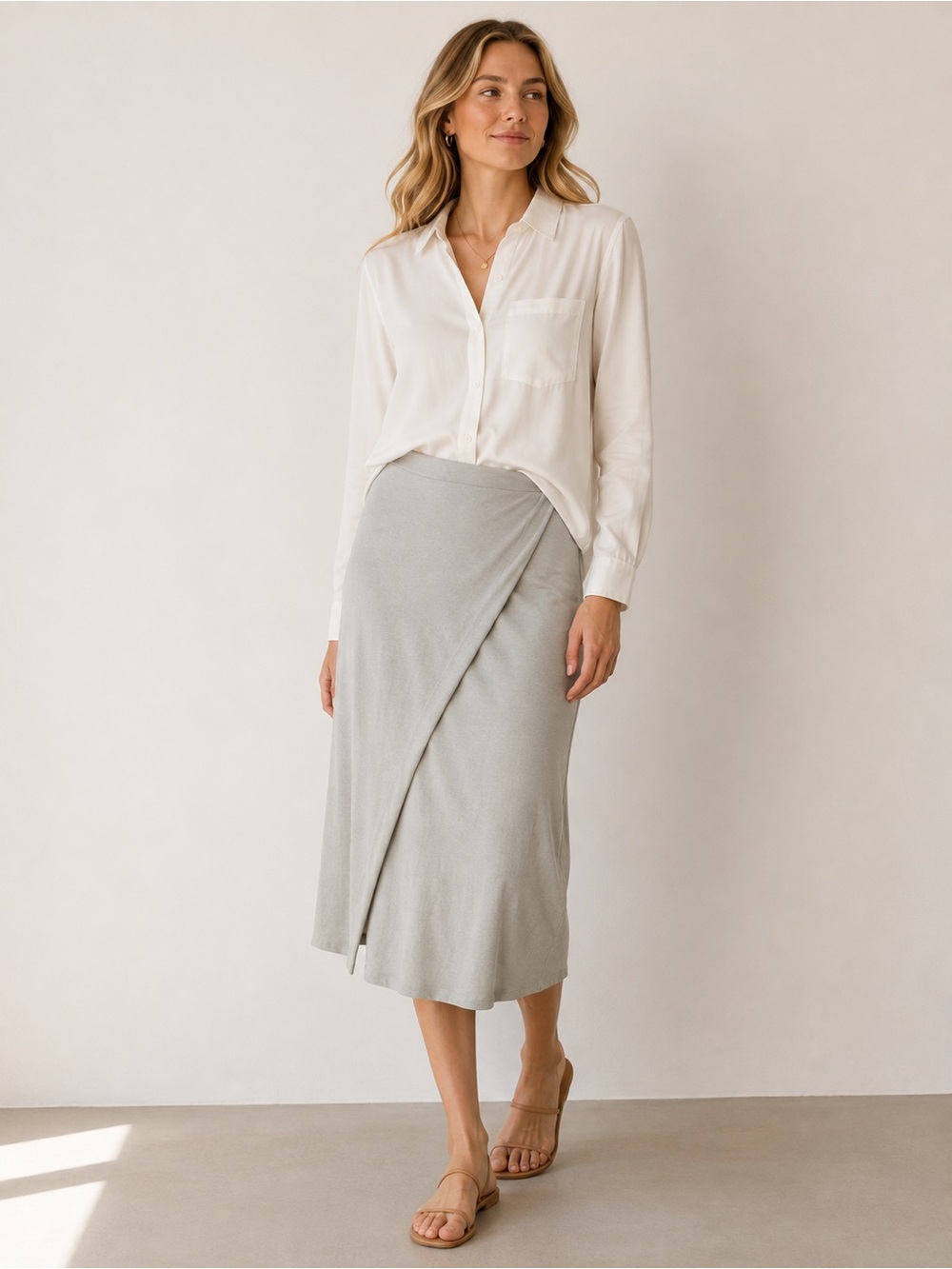 VINCE Fog Gray Asymmetric Faux Wrap Midi Skirt Size XXL NWT